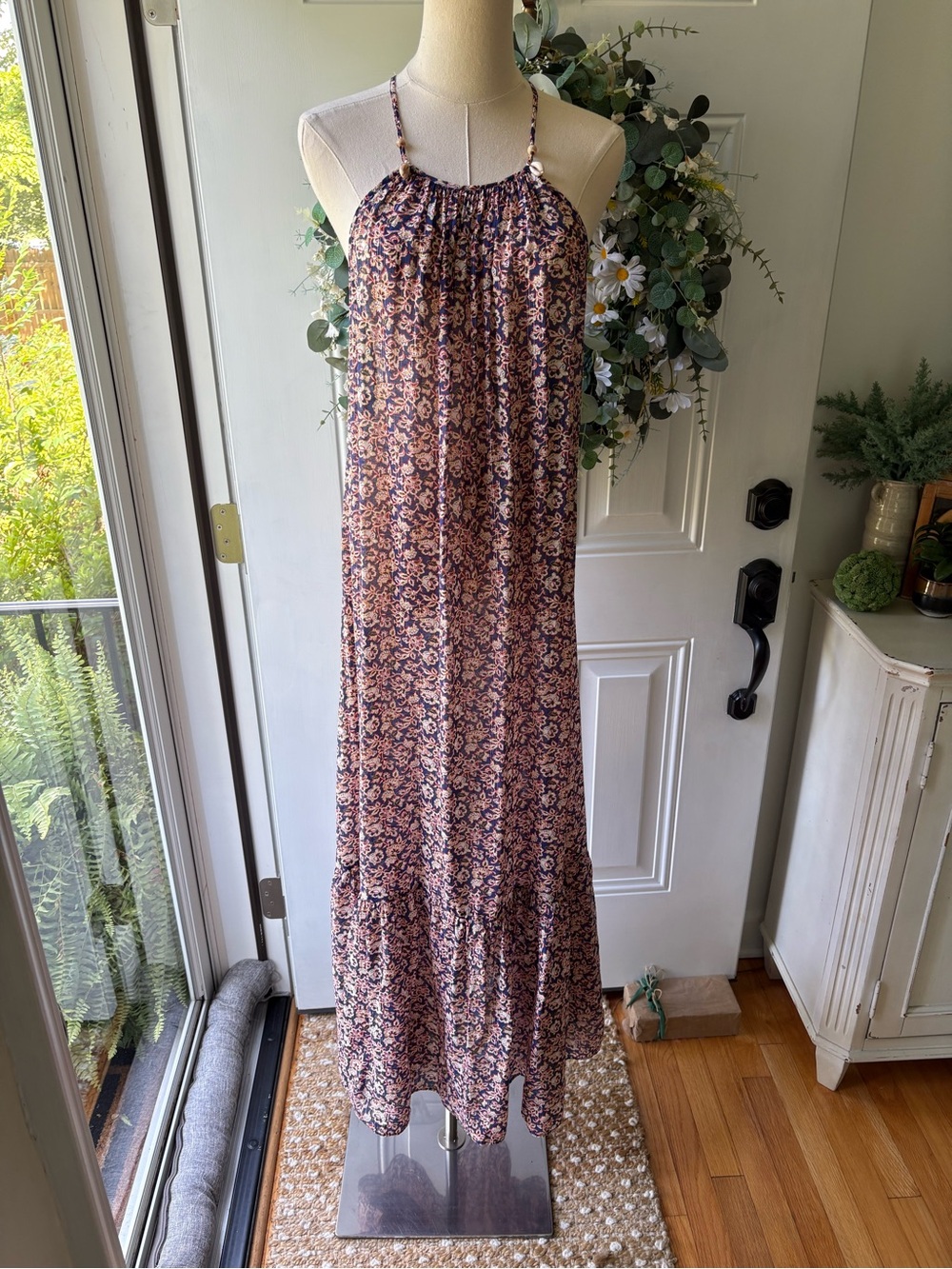 Zara Navy Floral Maxi Dress with Rust and Cream Sea Shell Accents